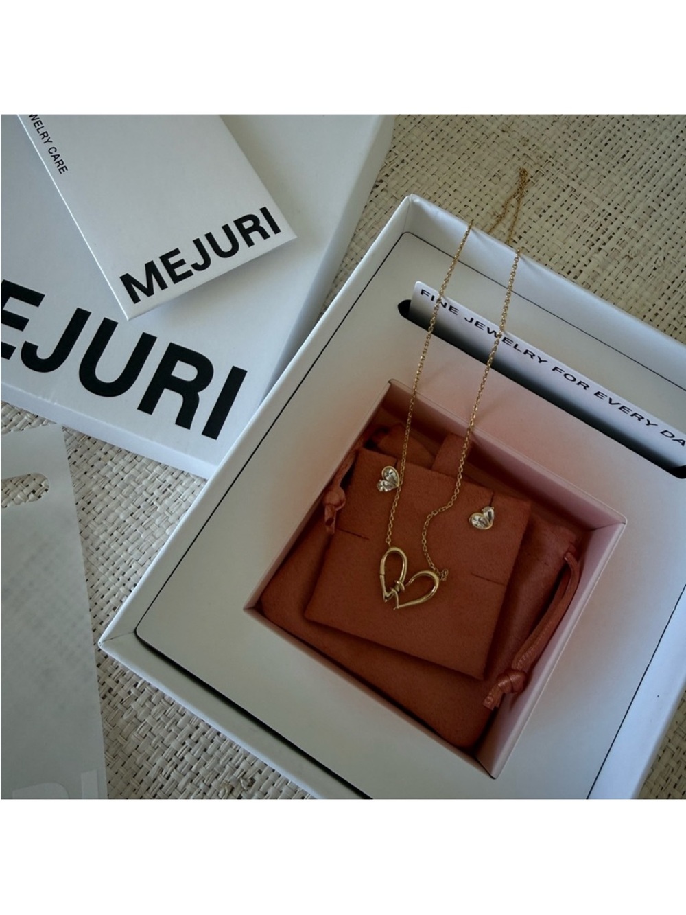 Mejuri Gold Double Heart Pendant Necklace with Gold Stud Earrings